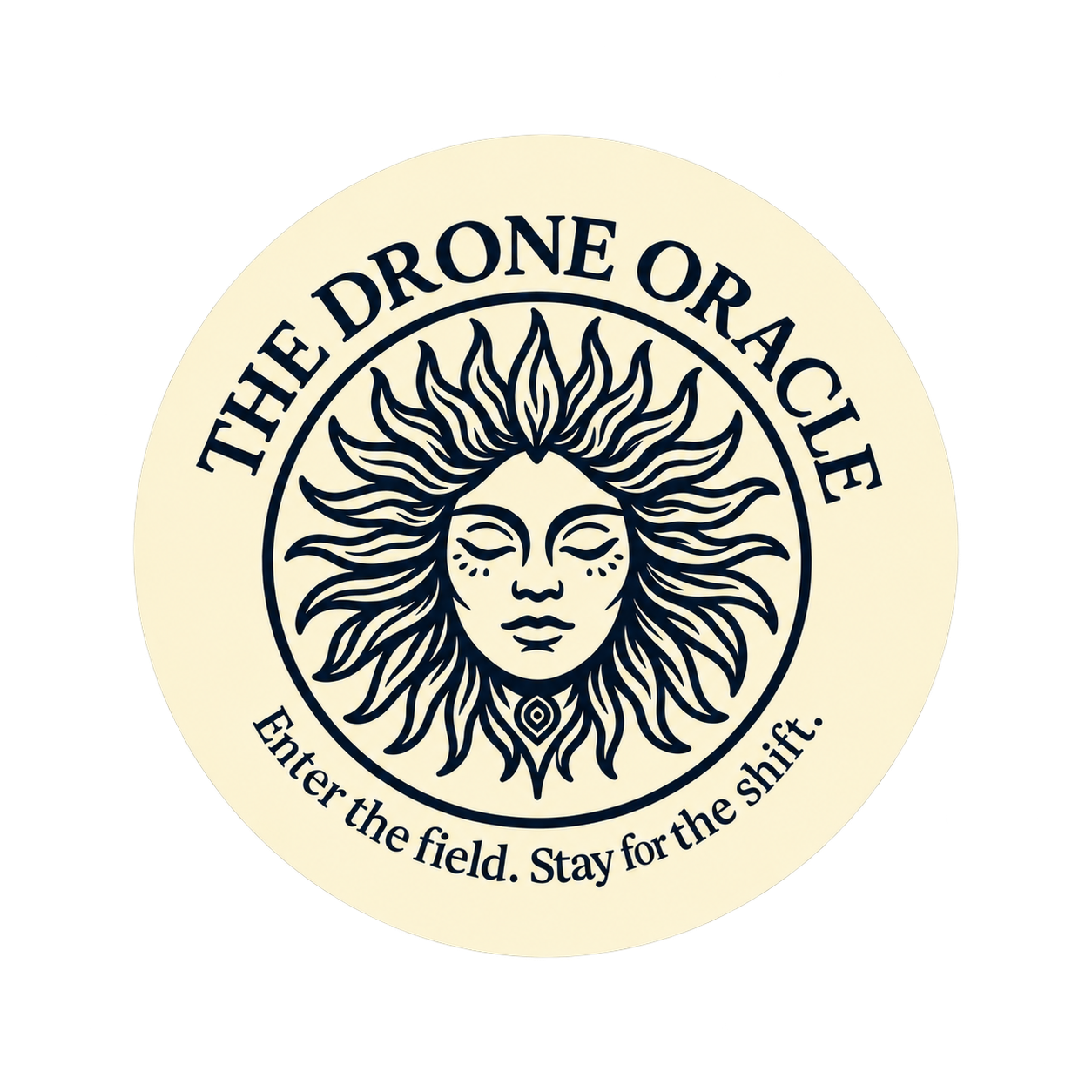 The Drone Oracle emblem, a radiant face encircled by the words The Drone Oracle and Enter the field. Stay for the shift.
